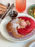 Ube Ricotta Pancakes with Maple Butter and Hibiscus Poached Pear Sesame Crumble